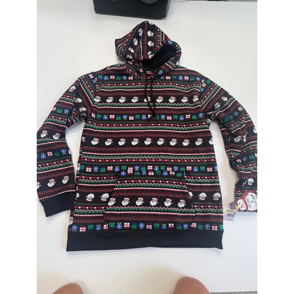 ADTN Mens Santa Claus Fair Isle Holiday Sherpa Lined Hoodie Black Small NWT